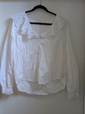 White Eyelet Ruffle Collar Women's Blouse